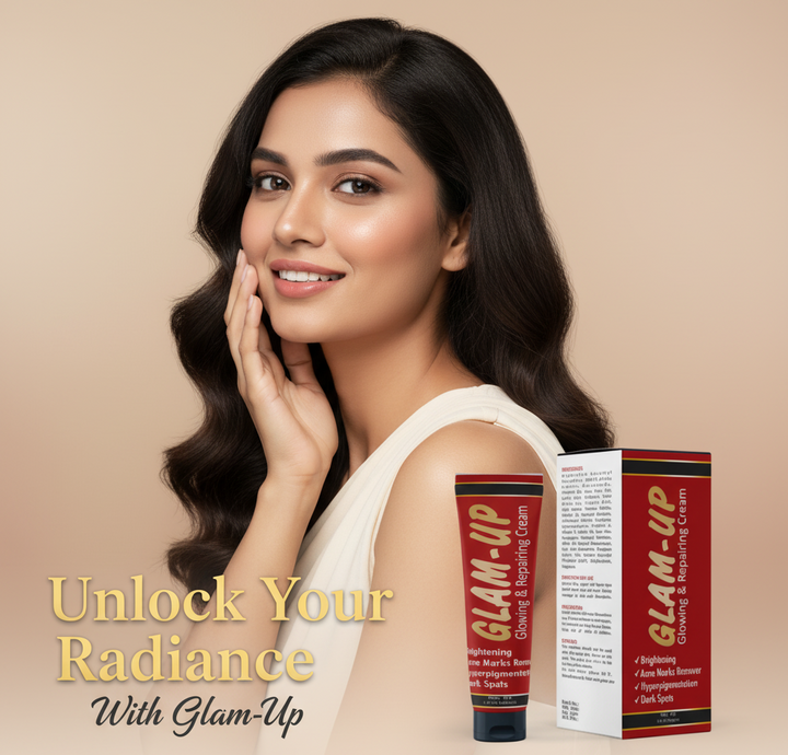 Woman with glowing skin holding a Glam-Up cream tube and packaging against a beige background